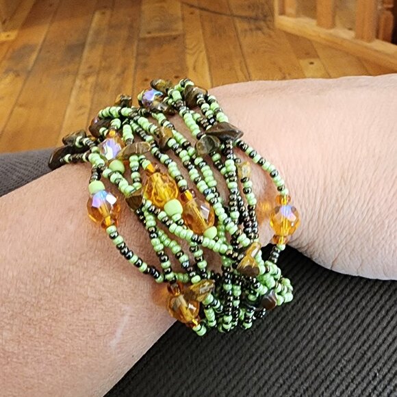 Claire's Green/Brown Multi-Strand Beaded Bohemian Style Bracelet - Picture 1 of 12